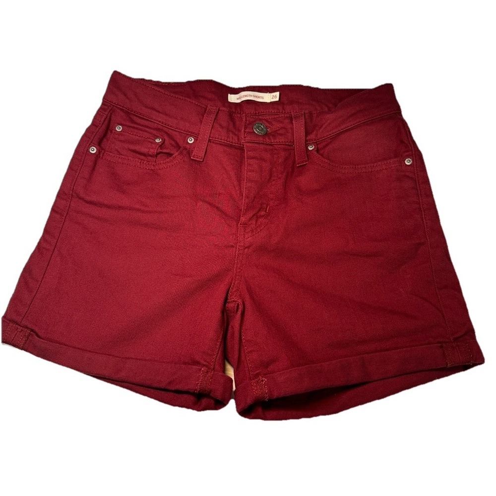 Levi's Denim Shorts Womens Size 26 Burgundy Mid Length Stretch Cuffed  5 Pockets